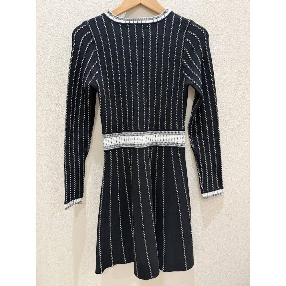 RIVIR Black White Striped Ribbed Knit Skater Dress Long Sleeve Fit Flare Sz S M